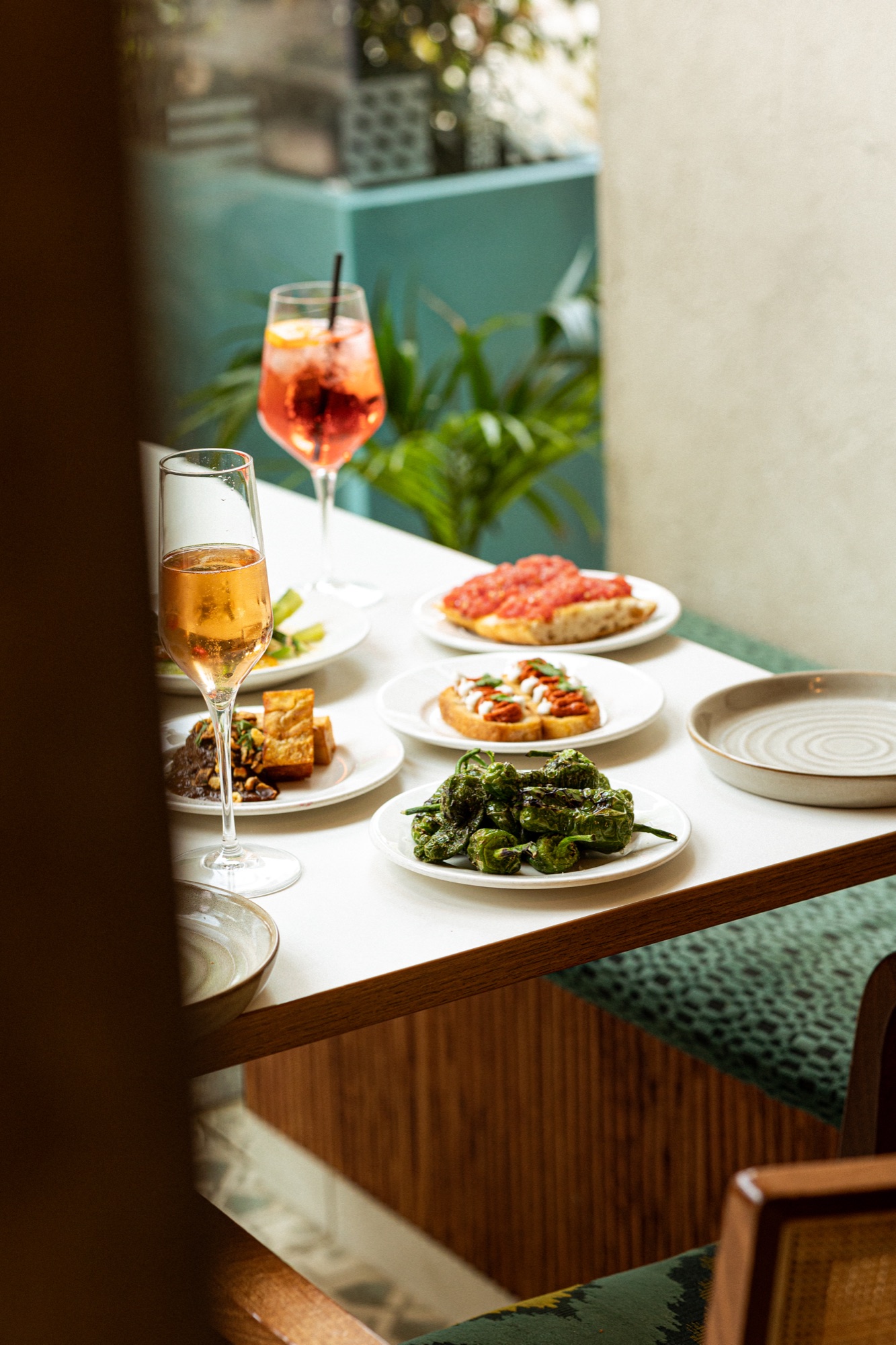 A spritz and a glass of cava on a bright table, a leafy palm and green banquette behind